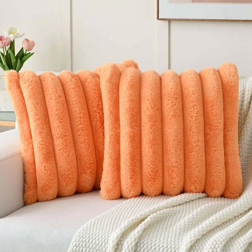 FUTEI Orange Decorative Throw Pillow Covers 16x16 Inch Set of 2 Square Soft Faux Rabbit Fur Big Striped Cushion CoverHome Decor for Couch Sofa Bed Living Room