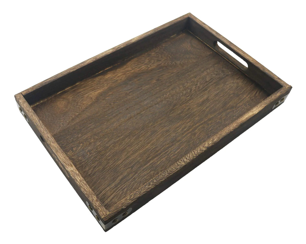 14 Inches Wooden Serving Tray with Handles Rustic Paulownia Wood Coffee Table Tray