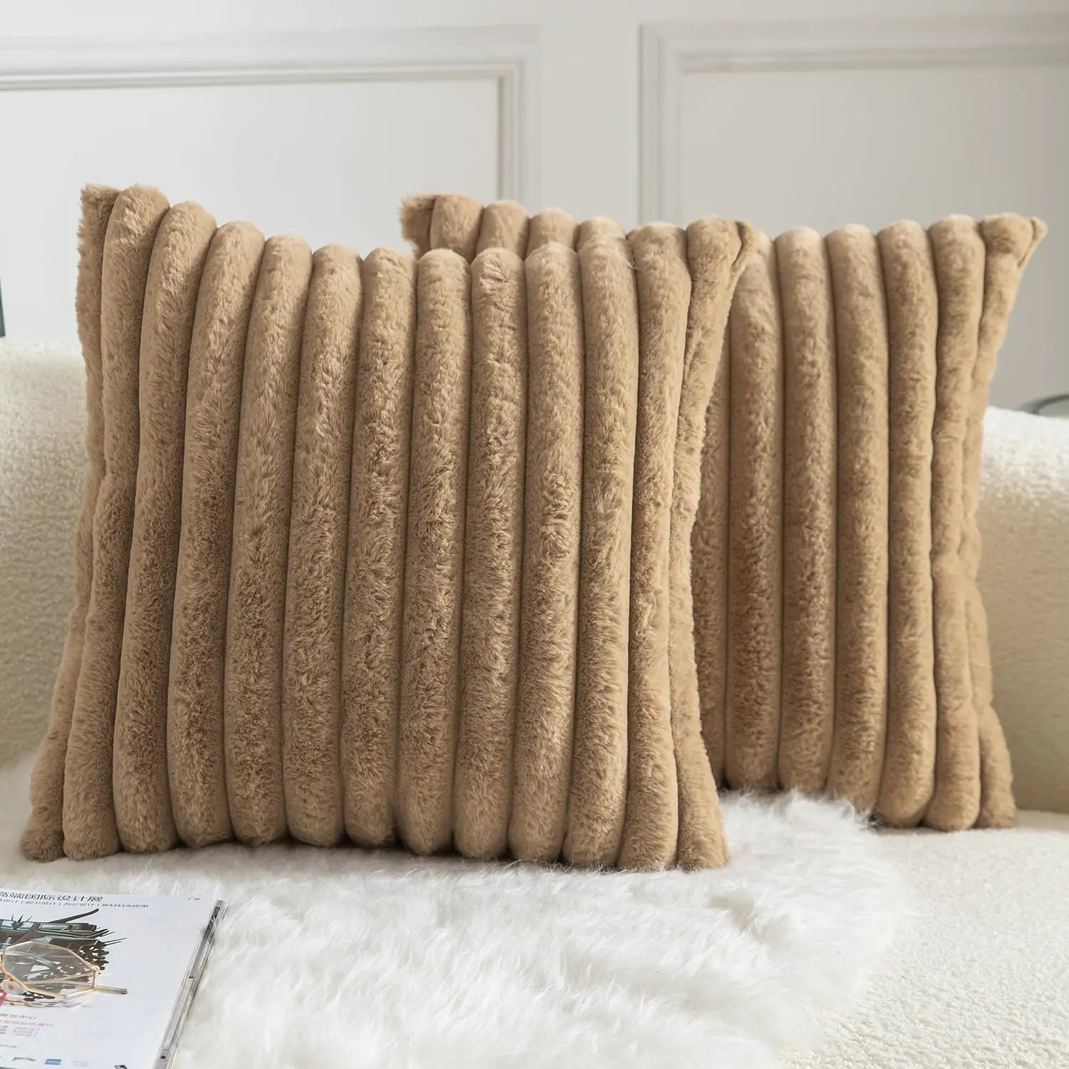 MANDIOO Pack of 2 Decorative Throw Pillow Covers Faux Fur Striped Plush Soft Cushion Covers Pillow Cases Bedroom Living Room Sofa Home 26x26 Inch Camel