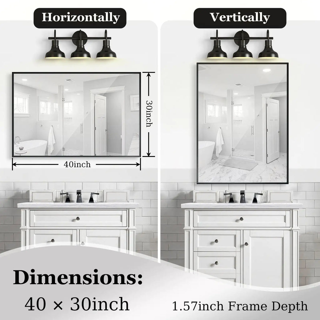 40x30 Inch Glossy Black Bathroom Mirror Wall Rectangular Vanity Mirror