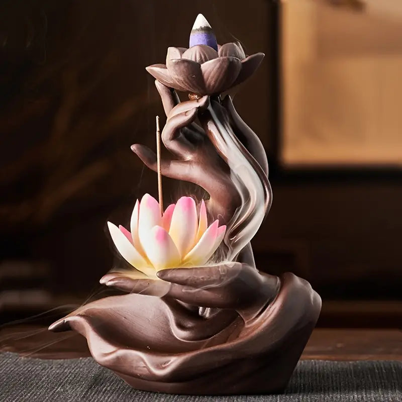 Lotus Waterfall Incense Burner in Purple Clay Ceramic