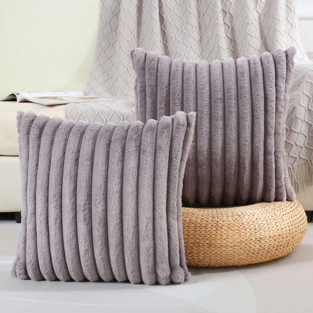 FUTEI Grey Striped Decorative Throw Pillow Covers 18x18 Inch Set of 2Square Winter Decorations Couch Pillow CaseSoft Cozy Faux Rabbit Fur & Velvet BackModern Home Decor for Bed
