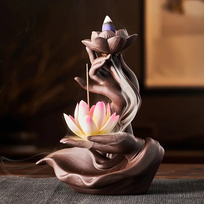 Lotus Waterfall Incense Burner in Purple Clay Ceramic