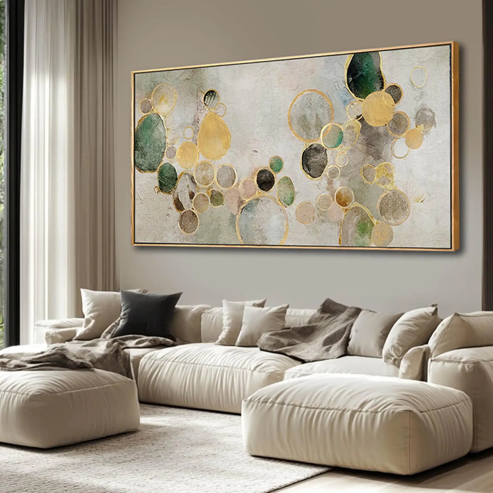 Abstract Canvas Wall Art Gold Circle Painting Green Artwork Framed Wall Prints 29"x 58" Office Wall Decor Colorful Pictures for Living Room Bedroom