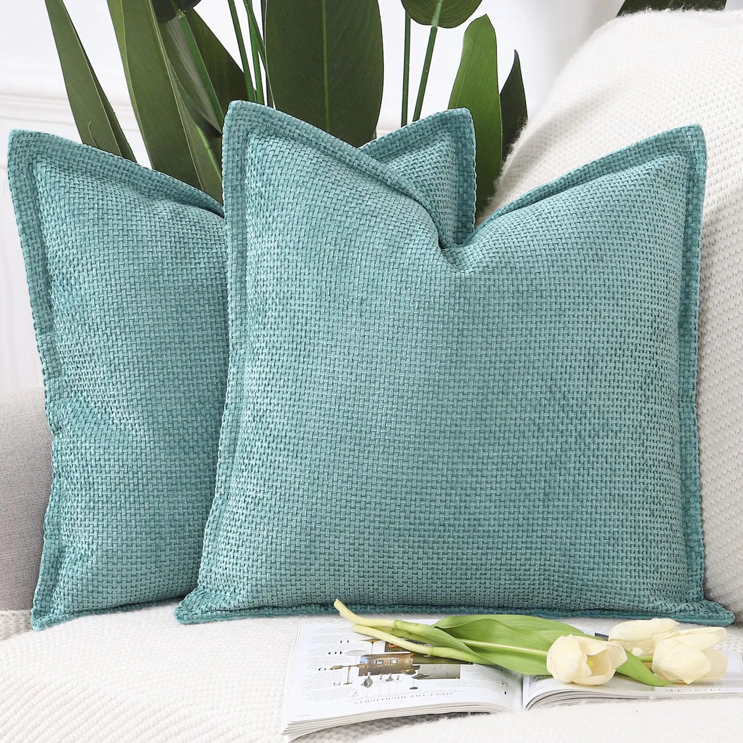MADIZZ Chenille Velvet Throw Pillow Covers with Flange Set of 2 Super Soft Boho Textured Pillow Covers Decorative Throw Pillowcases Modern Farmhouse Home Decor for Sofa Bedroom Turquoise 18x18 Inch