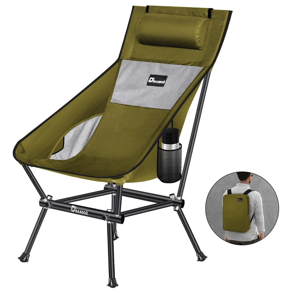 DRAXDOG Camping Chair Patented for Invention Backpack Compact Portable Folding Chair Outdoor Camp Lawn Beach High Back Chair with Side Pocket Lightweight Hiking Chair WB-ZZ (Green)