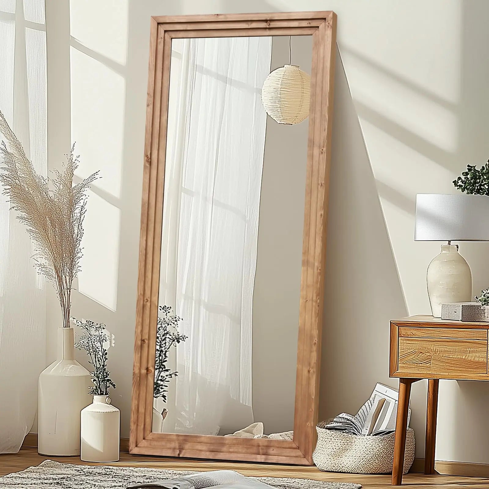 ABSWHLM Full Length Mirror 76"x34" Solid Wood Frame Floor Large Mirror for Living Room Bedroom Hanging or Leaning Wall-Mounted Light Brown