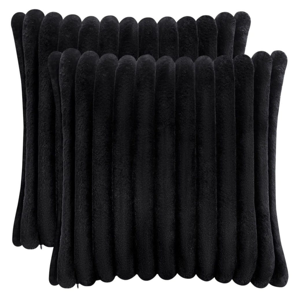 AmHoo Pack of 2 Decorative Throw Pillow Covers Faux Rabbit Fur Cozy Velvet Super Soft Fuzzy Striped Set Case Cushion for Couch Sofa Bedroom 20 x 20-Inch Black