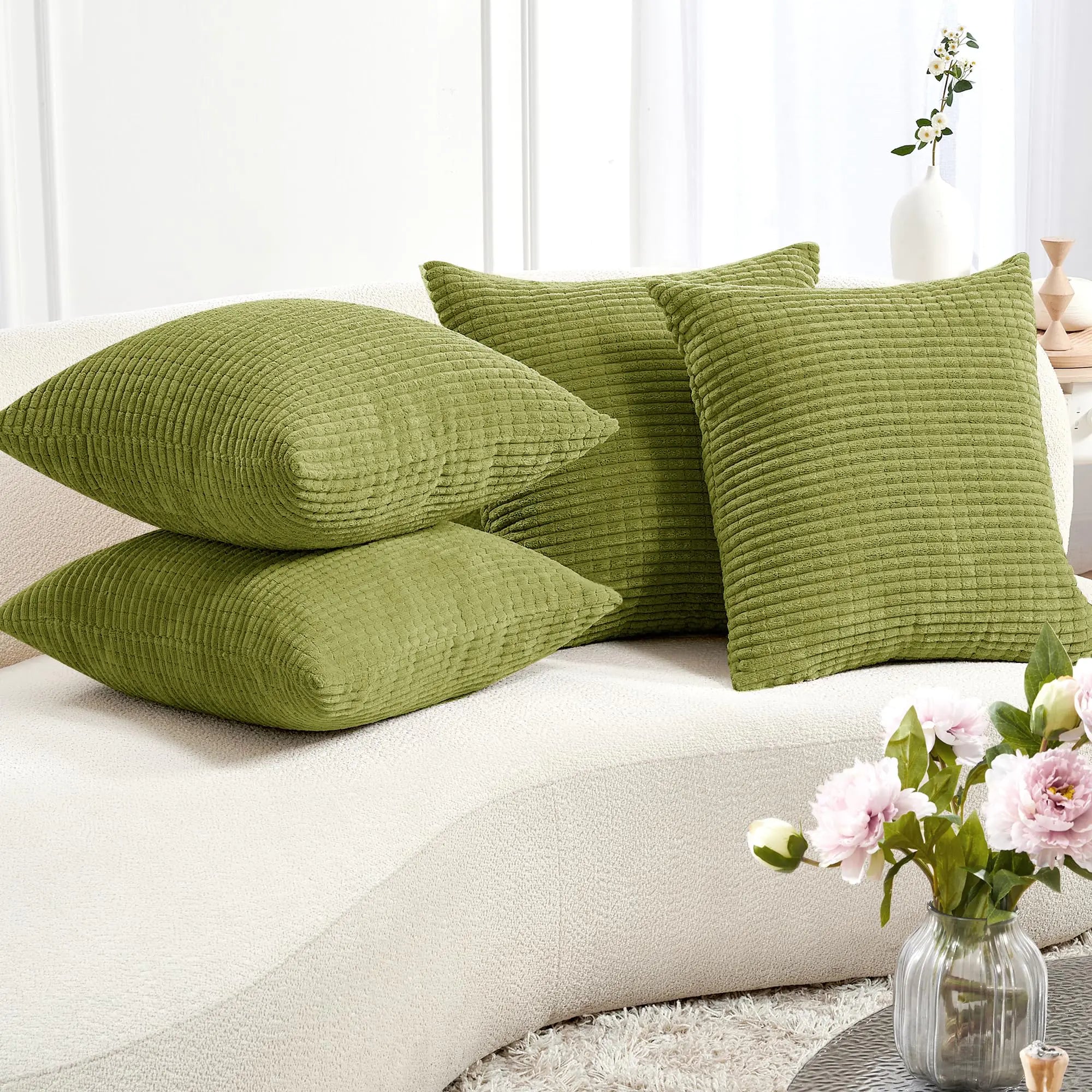 Deconovo Throw Pillow Covers 20x20 Pillow Covers Set of 4 Corduroy Striped Decorative Home Decor Throw Pillows for Sofa Couch Bed Bedroom Living Room Moss Green Machine Washable Cushion Cover Case