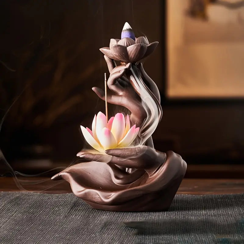 Lotus Waterfall Incense Burner in Purple Clay Ceramic
